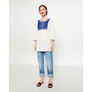 ⛅️ Zara Embroidered Blue and White Gauzy Tunic Blouse